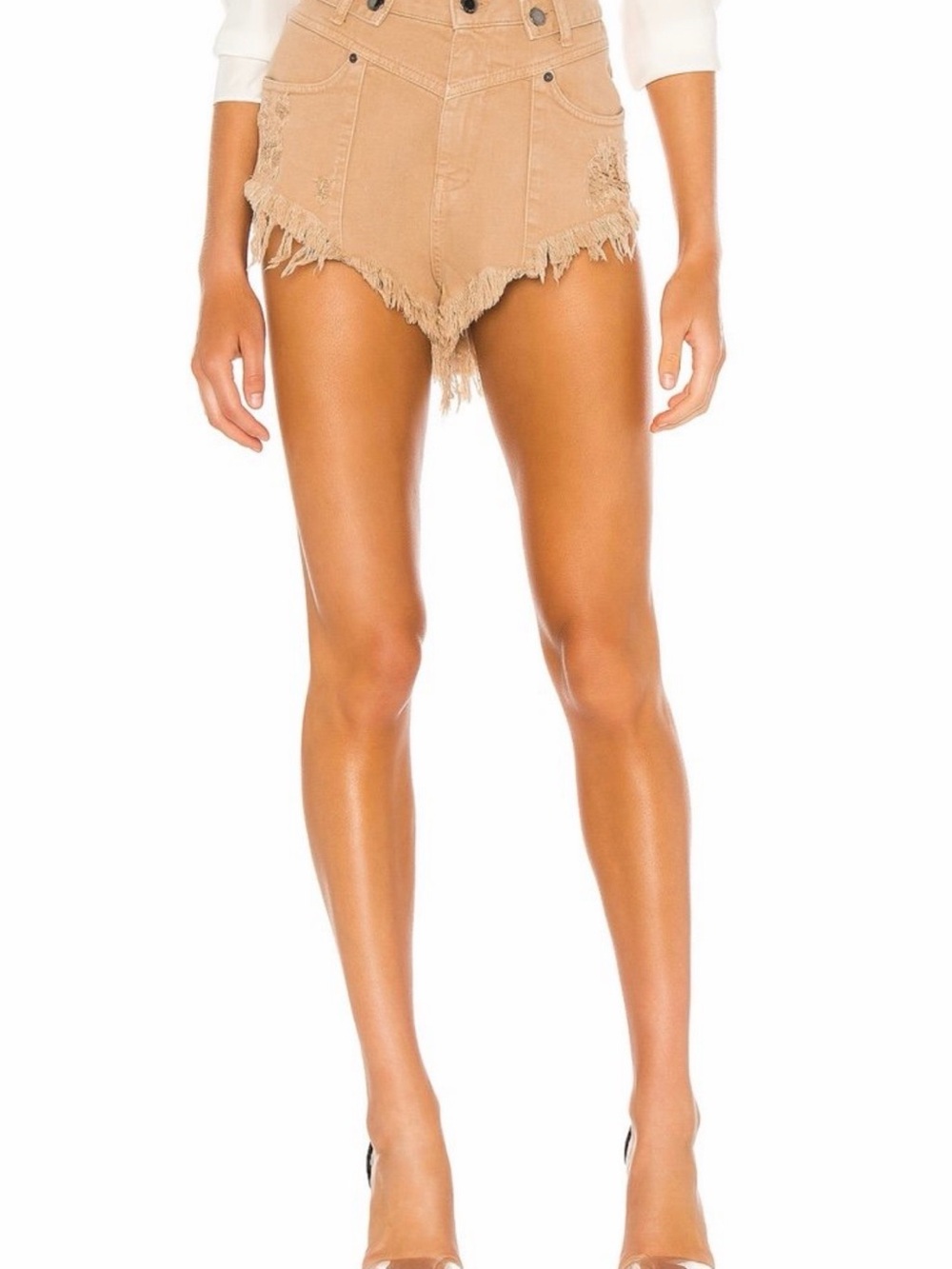 Retrofete Tan High-Waist Frayed Denim Jean Shorts